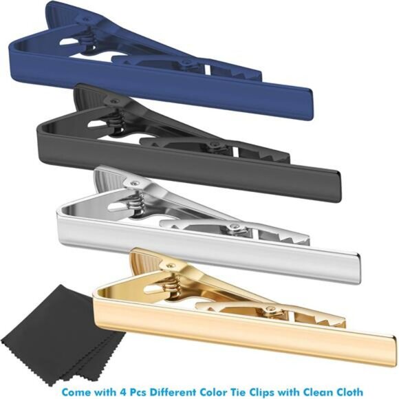 4 Pack Tie Clips for Men Classic Gold Silver Black Blue Tie Bars Formal Set - Picture 2 of 8